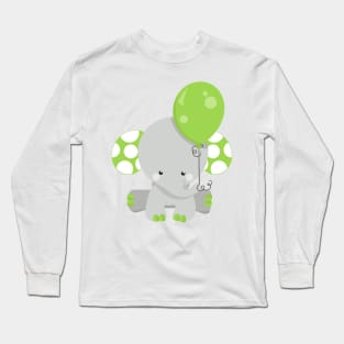 Elephant With Balloon, Cute Elephant - Green Gray Long Sleeve T-Shirt